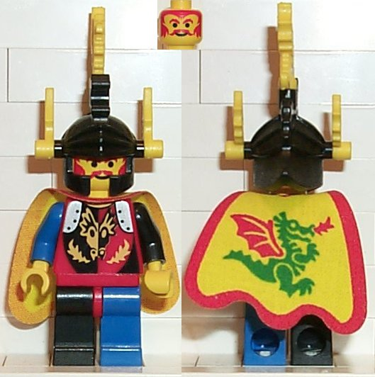 This LEGO minifigure is called, Dragon Knights, Dragon Master, Yellow Plumes, Dragon Cape . It's minifig ID is cas001.