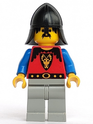 This LEGO minifigure is called, Dragon Knights, Knight 1, Light Gray Legs, Black Neck-Protector . It's minifig ID is cas014.