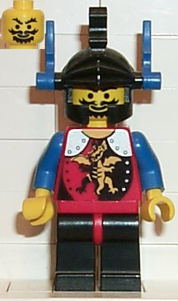 This LEGO minifigure is called, Dragon Knights, Knight 2, Black Legs with Red Hips, Black Dragon Helmet, Blue Plumes . It's minifig ID is cas015.