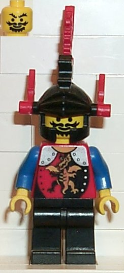 This LEGO minifigure is called, Dragon Knights, Knight 2, Black Legs, Black Dragon Helmet, Red Plumes . It's minifig ID is cas017.