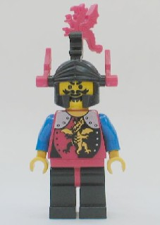 This LEGO minifigure is called, Dragon Knights, Knight 2, Black Legs with Red Hips, Black Dragon Helmet, Red Plumes . It's minifig ID is cas017a.