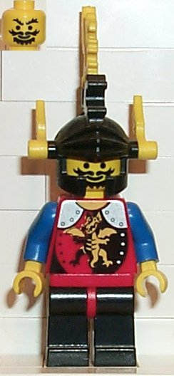 This LEGO minifigure is called, Dragon Knights, Knight 2, Black Legs with Red Hips, Black Dragon Helmet, Yellow Plumes . It's minifig ID is cas018.
