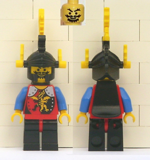Display of LEGO Castle Dragon Knights, Knight 2, Black Legs with Red Hips, Black Dragon Helmet, Yellow Plumes, Black Plastic Cape