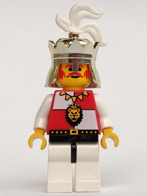 This LEGO minifigure is called, Royal Knights, King, with black/white legs . It's minifig ID is cas059.
