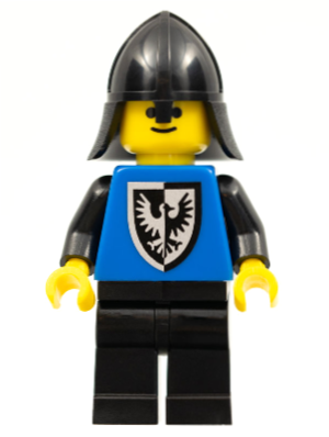 This LEGO minifigure is called, Black Falcon, Black Legs, Black Neck-Protector, Shield Bottom Round (Vintage) . It's minifig ID is cas101a.