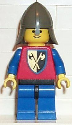This LEGO minifigure is called, Crusader Axe, Blue Legs with Black Hips, Dark Gray Neck-Protector . It's minifig ID is cas108.