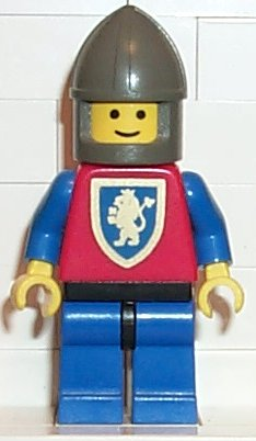 This LEGO minifigure is called, Crusader Lion, Blue Legs with Black Hips, Dark Gray Chin-Guard . It's minifig ID is cas113.