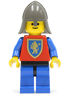 This LEGO minifigure is called, Crusader Lion, Blue Legs with Black Hips, Dark Gray Neck-Protector . It's minifig ID is cas115.