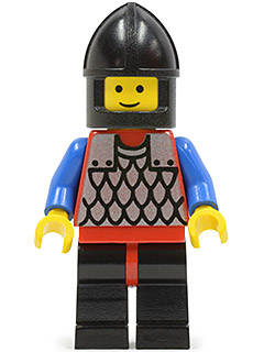 This LEGO minifigure is called, Scale Mail, Red with Blue Arms, Black Legs with Red Hips, Black Chin-Guard . It's minifig ID is cas147.