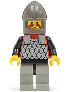 This LEGO minifigure is called, Scale Mail, Red with Black Arms, Light Gray Legs with Black Hips, Dark Gray Chin-Guard . It's minifig ID is cas157.