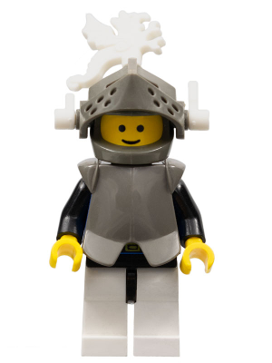 Display of LEGO Castle Breastplate, Armor over Blue, Dark Gray Helmet and Visor, White Dragon Plumes
