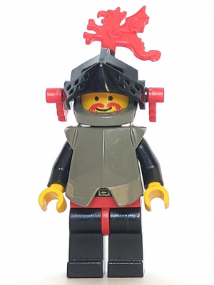 This LEGO minifigure is called, Breastplate, Armor over Black, Dark Gray Helmet, Black Visor, Red Dragon Plumes . It's minifig ID is cas168.