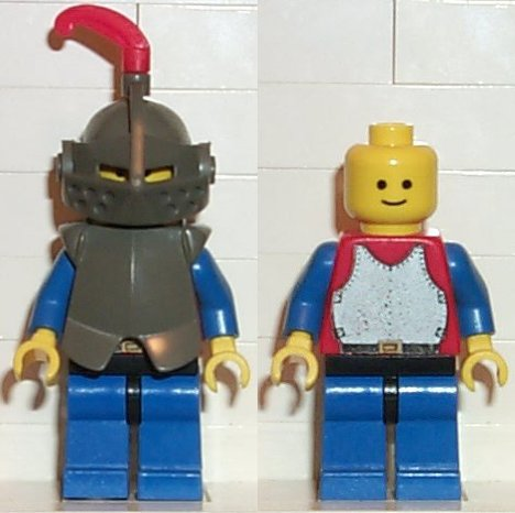 This LEGO minifigure is called, Breastplate, Armor over Red, Dark Gray Helmet and Visor, Red Feather . It's minifig ID is cas171.