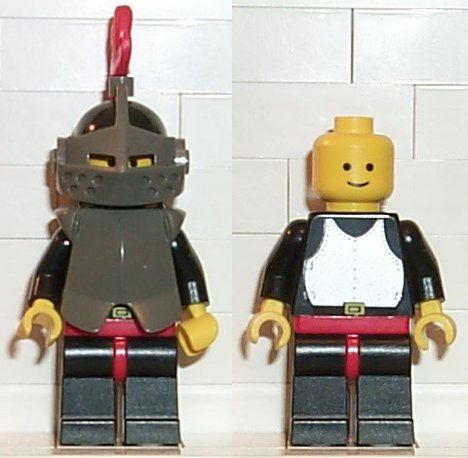 This LEGO minifigure is called, Breastplate, Armor over Black, Black Helmet, Dark Gray Visor, Red 3-Feather Plume . It's minifig ID is cas172.