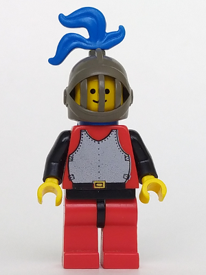 This LEGO minifigure is called, Breastplate, Red with Black Arms, Red Legs with Black Hips, Dark Gray Grille Helmet, Blue Plume, Blue Plastic Cape . It's minifig ID is cas192.