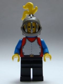 This LEGO minifigure is called, Breastplate, Red with Blue Arms, Black Legs, Dark Gray Grille Helmet, Yellow Plume, Blue Plastic Cape . It's minifig ID is cas195.