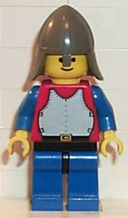 Display of LEGO Castle Breastplate, Red with Blue Arms, Blue Legs with Black Hips, Dark Gray Neck-Protector