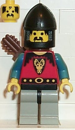 This LEGO minifigure is called, Dragon Knights, Knight 1, Light Gray Legs with Black Hips, Black Chin-Guard, Quiver . It's minifig ID is cas245.