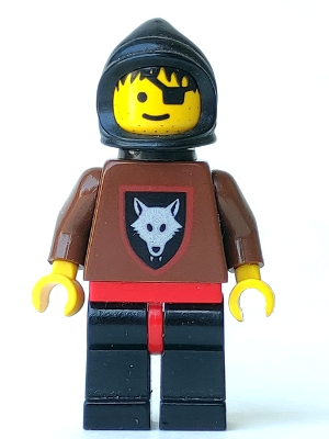 This LEGO minifigure is called, Wolfpack, Eye Patch, Brown Arms and Black Legs, Black Hood and Cape . It's minifig ID is cas251.