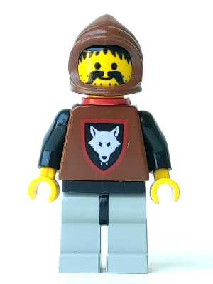This LEGO minifigure is called, Wolfpack, Moustache, Black Arms and Light Gray legs, Brown Hood and Red Cape . It's minifig ID is cas252.
