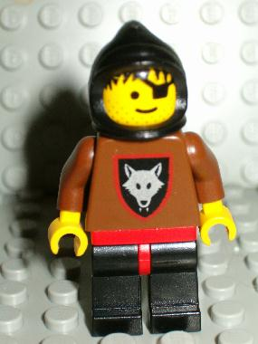This LEGO minifigure is called, Wolfpack, Eye Patch, Brown Arms and Black Legs, Black Hood, no Cape . It's minifig ID is cas255.