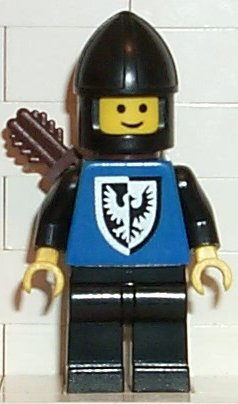 This LEGO minifigure is called, Black Falcon, Black Legs, Black Chin-Guard, Shield Bottom Round, Quiver . It's minifig ID is cas301.