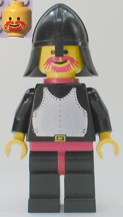 This LEGO minifigure is called, Breastplate, Black, Black Legs with Red Hips, Black Neck-Protector, Red Plastic Cape . It's minifig ID is cas322.