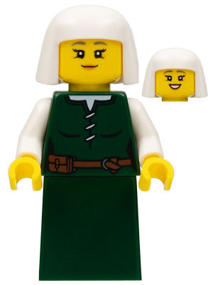 This LEGO minifigure is called, Peasant, Female, Dark Green Skirt, White Headdress . It's minifig ID is cas570.