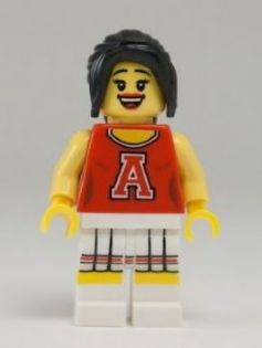 This LEGO minifigure is called, Red Cheerleader, Series 8 (Minifigure Only without Stand and Accessories) . It's minifig ID is col125.