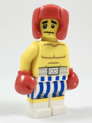 This LEGO minifigure is called, Boxer, Black Eye, Blue and White Striped Trunks . It's minifig ID is col304.