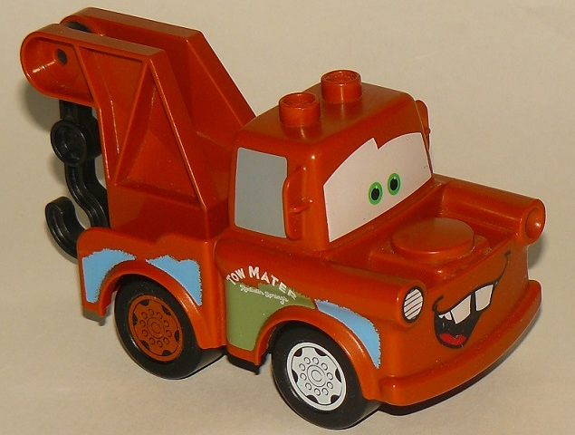 Display of LEGO Duplo Duplo Tow Mater, Dark Orange Hook Base, Dark Orange and Light Bluish Gray Wheels