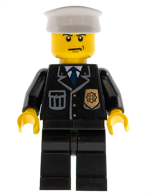 This LEGO minifigure is called, Police, City Suit with Blue Tie and Badge, Black Legs, Scowl, White Hat . It's minifig ID is cty0008.