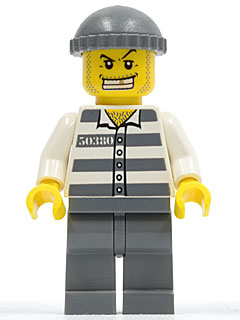 This LEGO minifigure is called, Police, Jail Prisoner 50380 Prison Stripes, Dark Bluish Gray Legs, Dark Bluish Gray Knit Cap, Gold Tooth . It's minifig ID is cty0040.