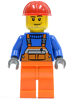 This LEGO minifigure is called, Overalls with Safety Stripe Orange, Orange Legs, Red Construction Helmet, Smirk and Stubble Beard . It's minifig ID is cty0079.