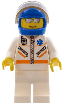 This LEGO minifigure is called, Doctor, Male, Jacket with Zipper and EMT Star of Life, White Legs, Blue Helmet, Trans-Brown Visor, Silver Sunglasses . It's minifig ID is cty0081.