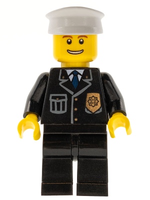 This LEGO minifigure is called, Police, City Suit with Blue Tie and Badge, Black Legs, Thin Grin with Teeth, White Hat . It's minifig ID is cty0098.