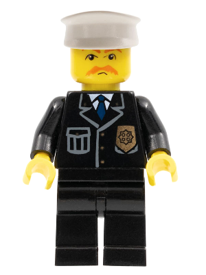 This LEGO minifigure is called, Police, City Suit with Blue Tie and Badge, Black Legs, Brown Moustache, White Hat . It's minifig ID is cty0128.