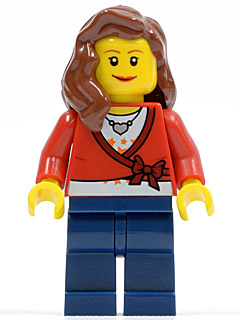 This LEGO minifigure is called, Sweater Cropped with Bow, Heart Necklace, Dark Blue Legs, Reddish Brown Female Hair over Shoulder . It's minifig ID is cty0143.