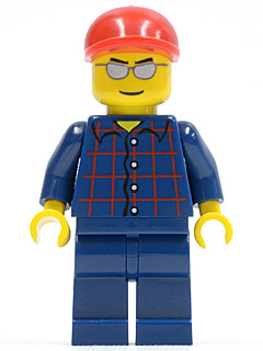 Display of LEGO City Plaid Button Shirt, Dark Blue Legs, Red Short Bill Cap, Silver Sunglasses