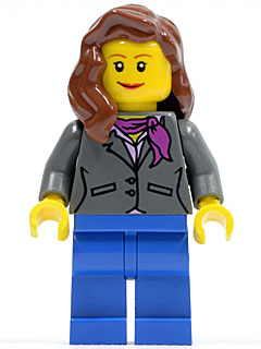 This LEGO minifigure is called, Dark Bluish Gray Jacket with Magenta Scarf, Blue Legs, Reddish Brown Female Hair over Shoulder . It's minifig ID is cty0185.