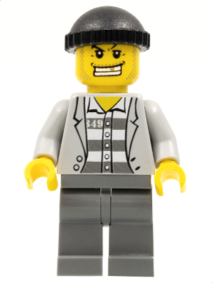 Display of LEGO City Police, Jail Prisoner Jacket over Prison Stripes, Dark Bluish Gray Legs, Black Knit Cap, Gold Tooth