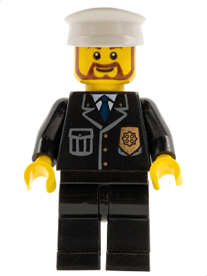 This LEGO minifigure is called, Police, City Suit with Blue Tie and Badge, Black Legs, White Hat, Brown Beard Rounded . It's minifig ID is cty0209.