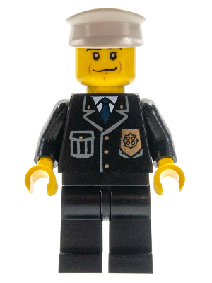 This LEGO minifigure is called, Police, City Suit with Blue Tie and Badge, Black Legs, Black Eyebrows, White Hat . It's minifig ID is cty0218.