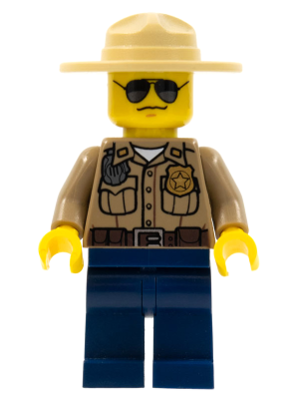 This LEGO minifigure is called, Forest Police, Dark Tan Shirt with Pockets, Radio and Gold Badge, Dark Blue Legs, Campaign Hat, Black and Silver Sunglasses . It's minifig ID is cty0264.