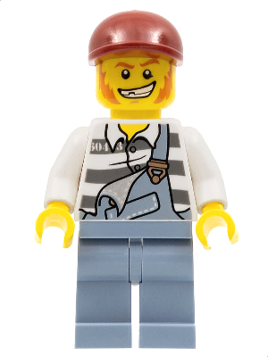 This LEGO minifigure is called, Police, Jail Prisoner Torn Overalls over Prison Stripes, Sand Blue Legs, Dark Red Short Bill Cap . It's minifig ID is cty0265.