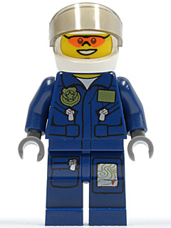 This LEGO minifigure is called, Forest Police, Helicopter Pilot, Dark Blue Flight Suit with Badge, Helmet . It's minifig ID is cty0267.