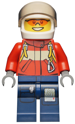 Display of LEGO City Fire, Pilot Male, Red Fire Suit with Carabiner, Dark Blue Legs with Map, White Helmet, Orange Sunglasses