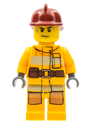 This LEGO minifigure is called, Fire, Bright Light Orange Fire Suit with Utility Belt, Dark Red Fire Helmet, Sweat Drops . It's minifig ID is cty0279.