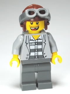 Display of LEGO City Police, Jail Prisoner Jacket over Prison Stripes, Dark Bluish Gray Legs, Aviator Cap and Goggles, Missing Tooth