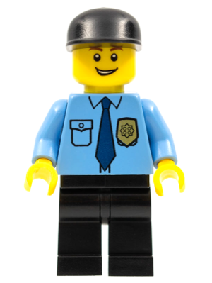 This LEGO minifigure is called, Police, City Shirt with Dark Blue Tie and Gold Badge, Black Legs, Black Cap . It's minifig ID is cty0298.
